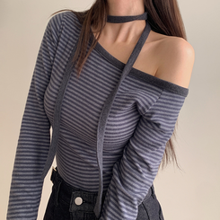 【タイ付き】ワンショルダー長袖Tシャツ CHARCOAL