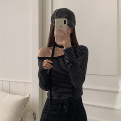 【タイ付き】ワンショルダー長袖Tシャツ BLACK