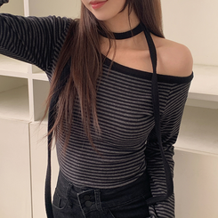 【タイ付き】ワンショルダー長袖Tシャツ BLACK