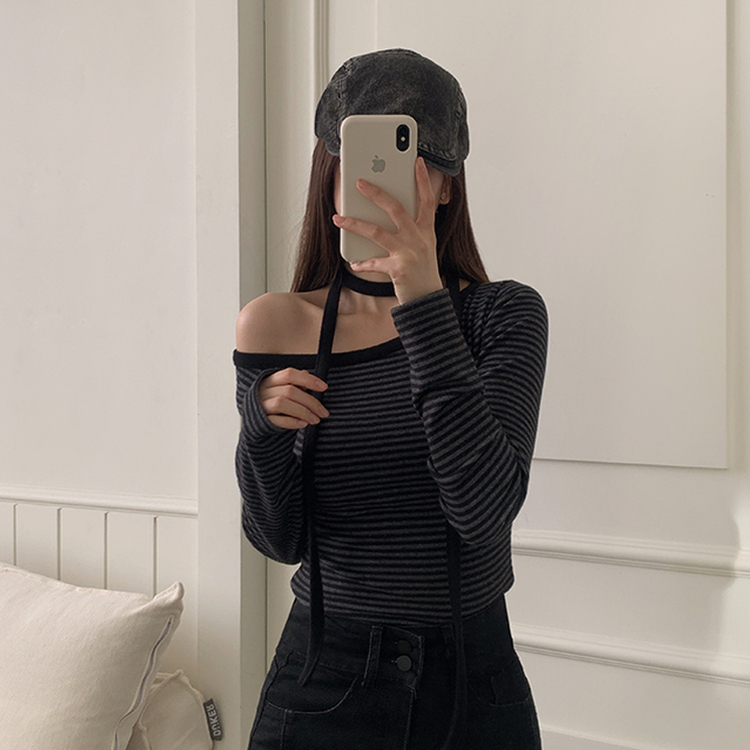 【タイ付き】ワンショルダー長袖Tシャツ BLACK