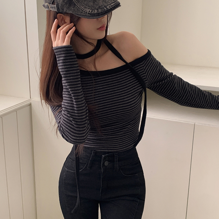 【タイ付き】ワンショルダー長袖Tシャツ BLACK