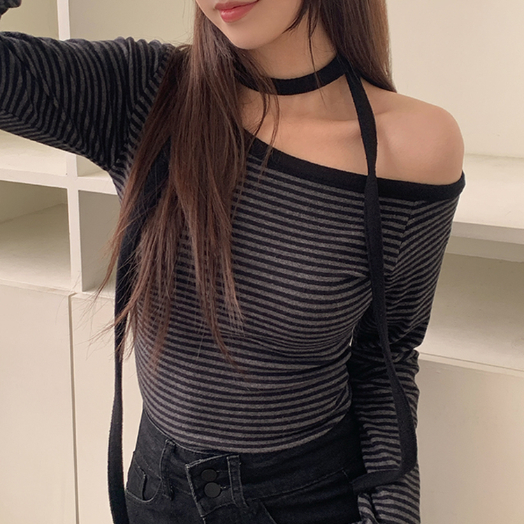 【タイ付き】ワンショルダー長袖Tシャツ BLACK