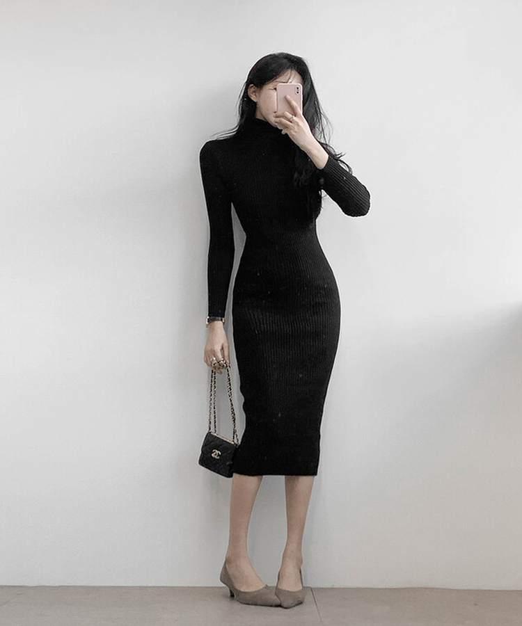 タートルネックロングニットワンピース BLACK