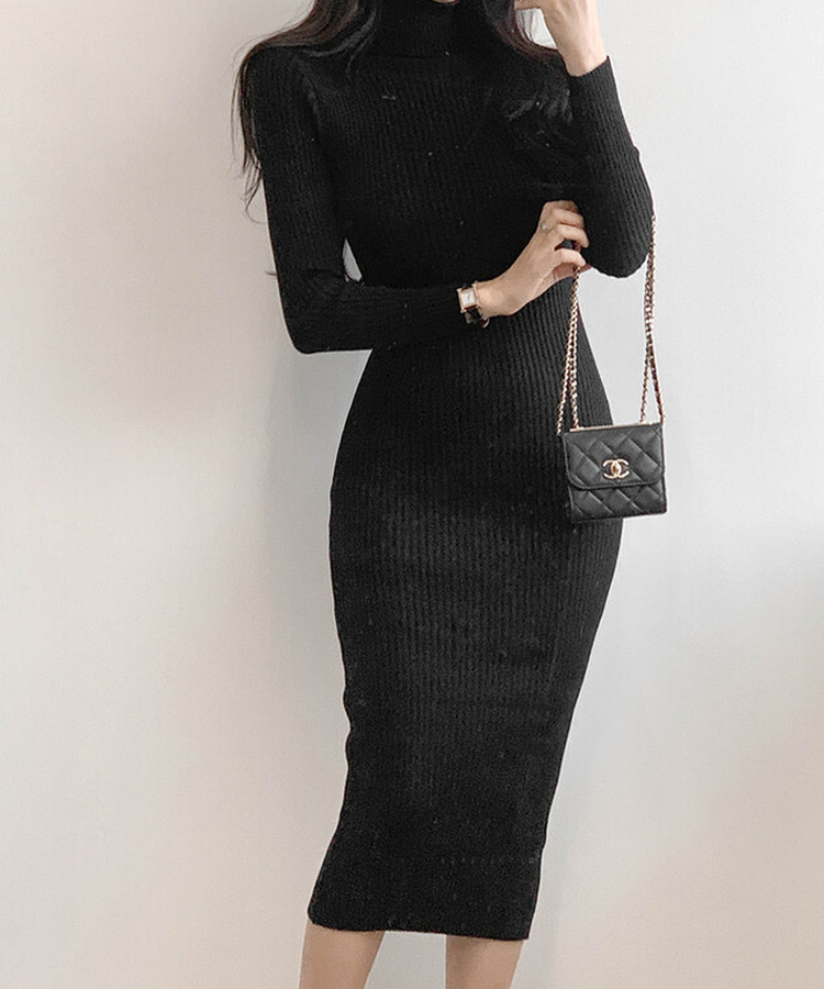 タートルネックロングニットワンピース BLACK