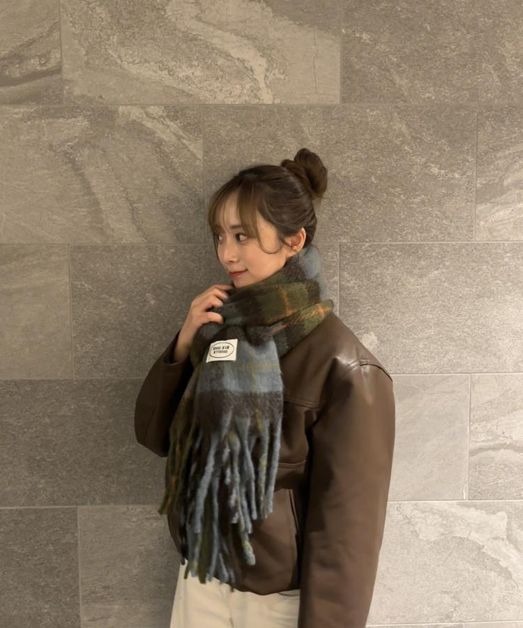 빈티지 플러피 체크 머플러 그린