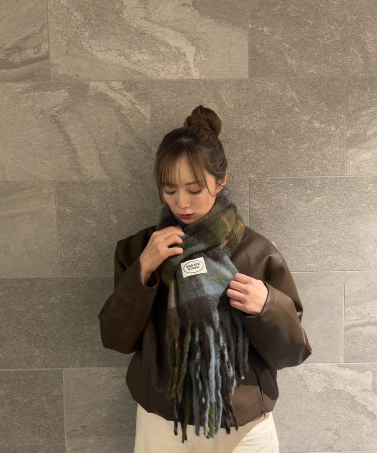 빈티지 플러피 체크 머플러 그린