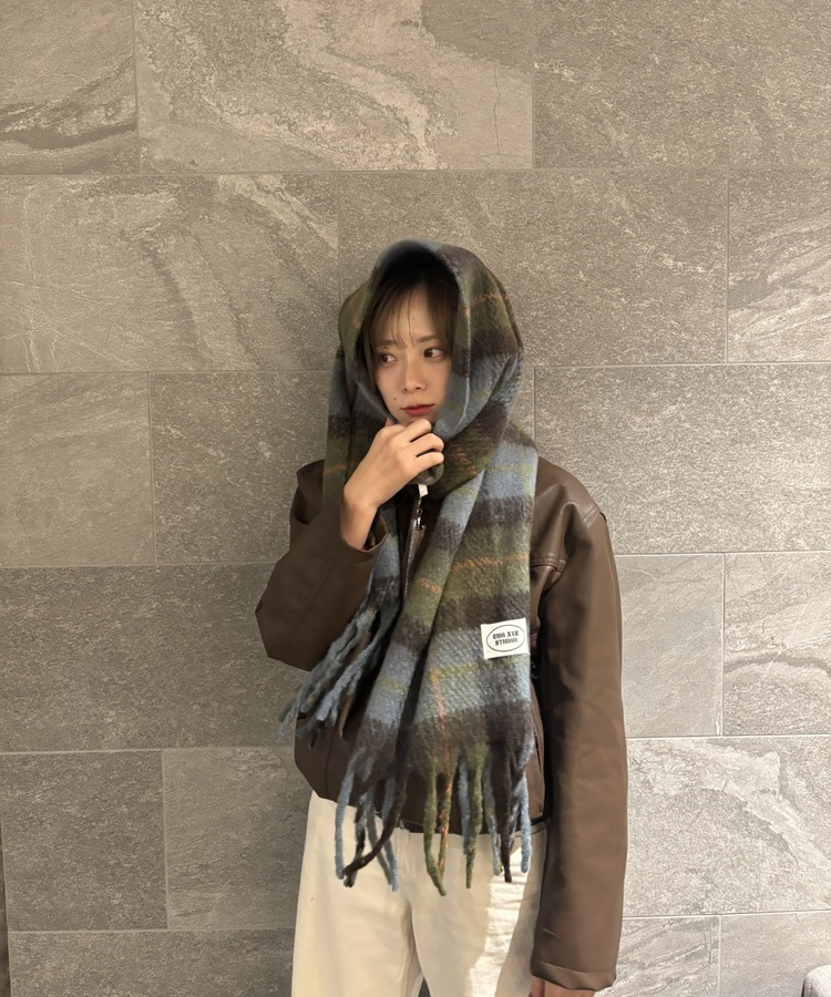 빈티지 플러피 체크 머플러 그린