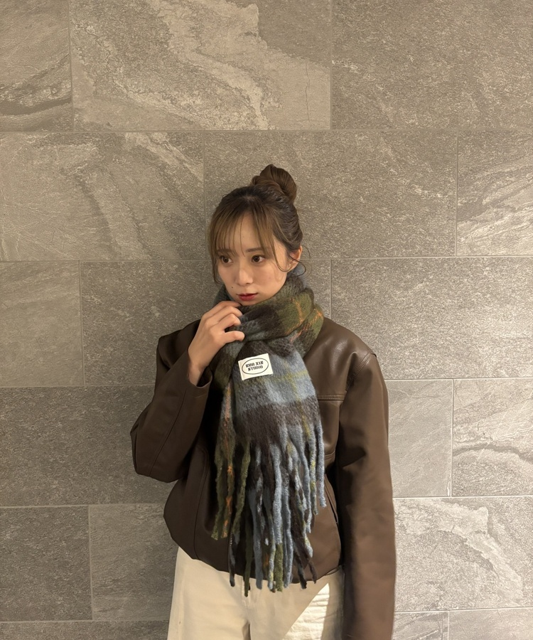 빈티지 플러피 체크 머플러 그린