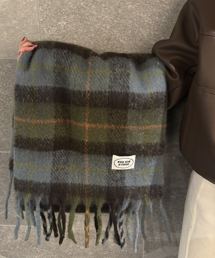 빈티지 플러피 체크 머플러 그린