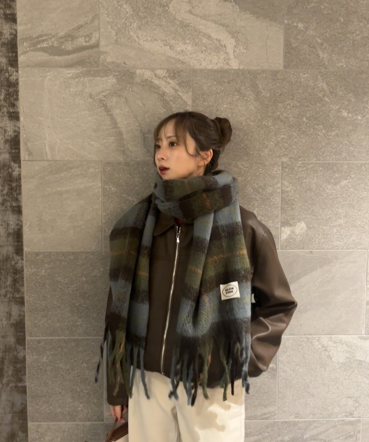 빈티지 플러피 체크 머플러 그린