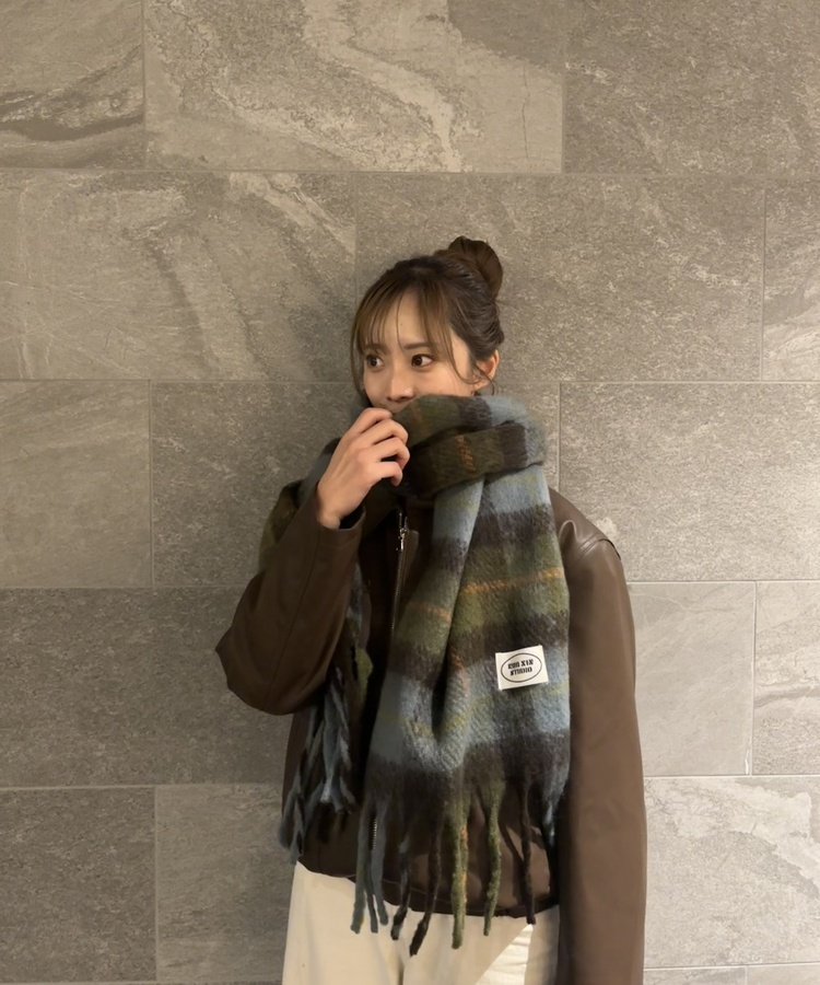 빈티지 플러피 체크 머플러 그린