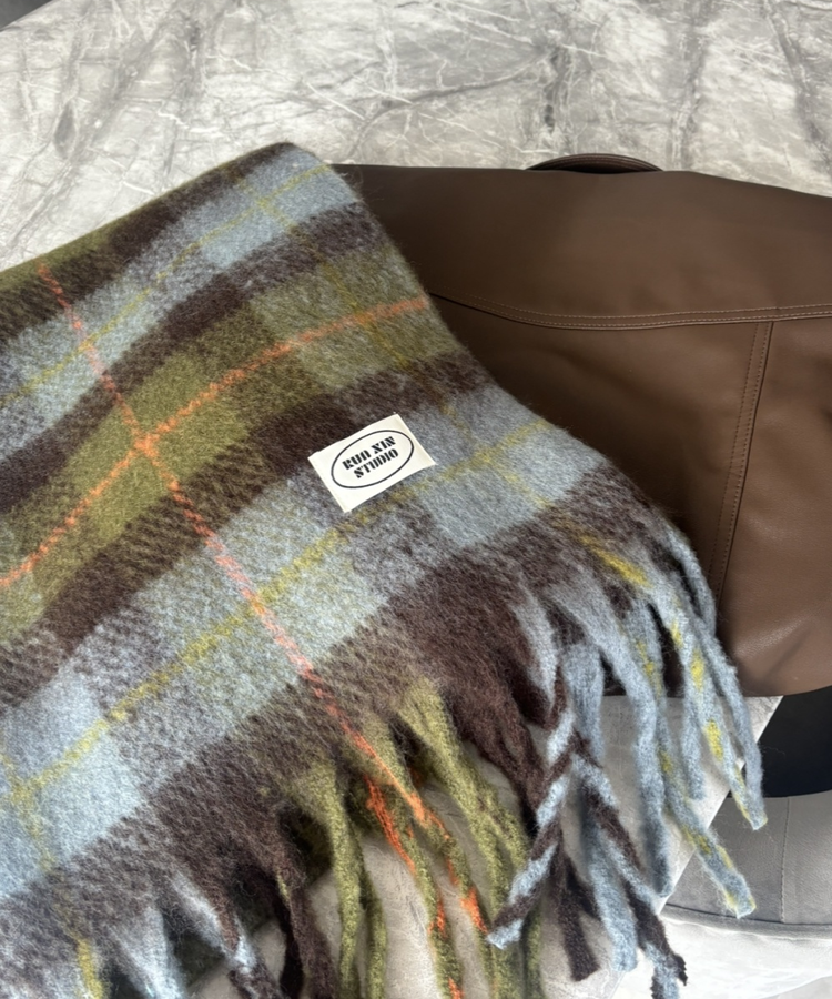 빈티지 플러피 체크 머플러 그린