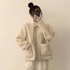 후끈후끈 도토리 양털 배색 겨울 긴팔 후리스 덤블 자켓 뽀글이 하이넥 플리스 점퍼 오버핏 데일리 아우터 아이보리