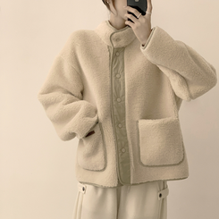 후끈후끈 도토리 양털 배색 겨울 긴팔 후리스 덤블 자켓 뽀글이 하이넥 플리스 점퍼 오버핏 데일리 아우터 아이보리