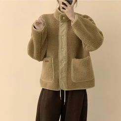 후끈후끈 도토리 양털 배색 겨울 긴팔 후리스 덤블 자켓 뽀글이 하이넥 플리스 점퍼 오버핏 데일리 아우터 카멜