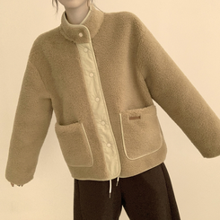 후끈후끈 도토리 양털 배색 겨울 긴팔 후리스 덤블 자켓 뽀글이 하이넥 플리스 점퍼 오버핏 데일리 아우터 카멜