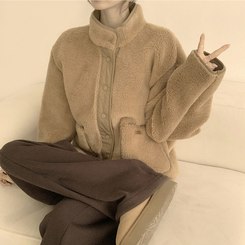 후끈후끈 도토리 양털 배색 겨울 긴팔 후리스 덤블 자켓 뽀글이 하이넥 플리스 점퍼 오버핏 데일리 아우터 브라운