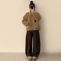 후끈후끈 도토리 양털 배색 겨울 긴팔 후리스 덤블 자켓 뽀글이 하이넥 플리스 점퍼 오버핏 데일리 아우터 브라운