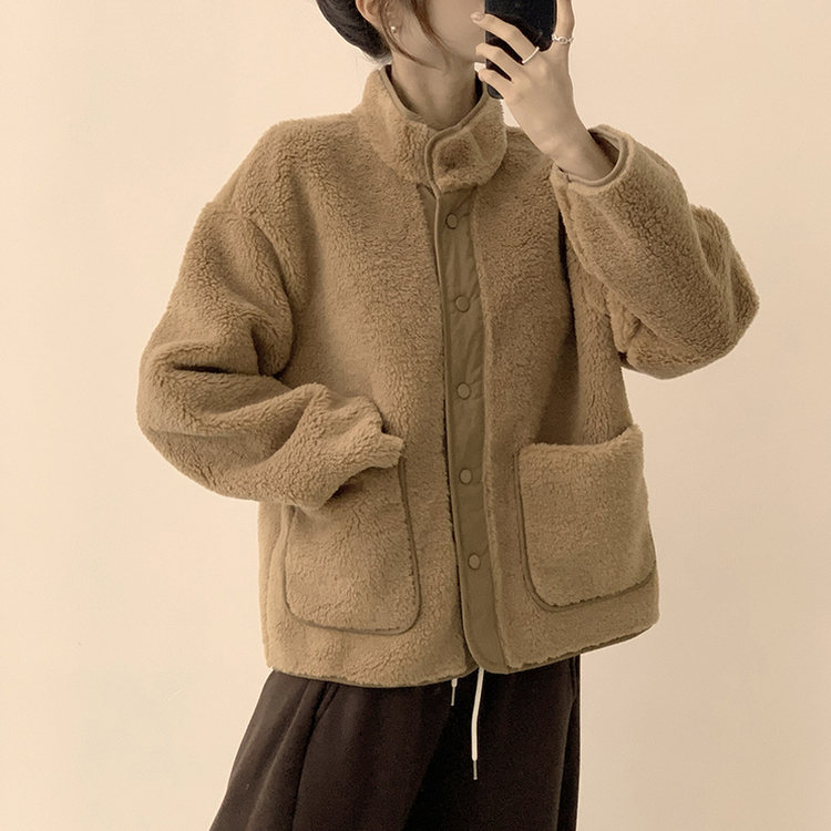 후끈후끈 도토리 양털 배색 겨울 긴팔 후리스 덤블 자켓 뽀글이 하이넥 플리스 점퍼 오버핏 데일리 아우터 브라운