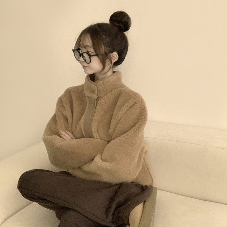 후끈후끈 도토리 양털 배색 겨울 긴팔 후리스 덤블 자켓 뽀글이 하이넥 플리스 점퍼 오버핏 데일리 아우터 브라운