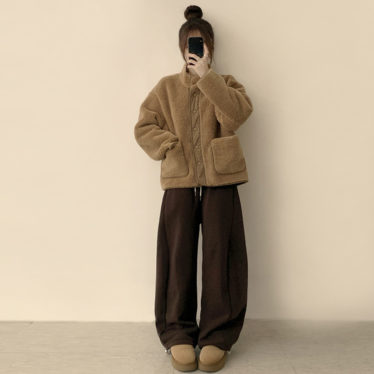 후끈후끈 도토리 양털 배색 겨울 긴팔 후리스 덤블 자켓 뽀글이 하이넥 플리스 점퍼 오버핏 데일리 아우터 브라운