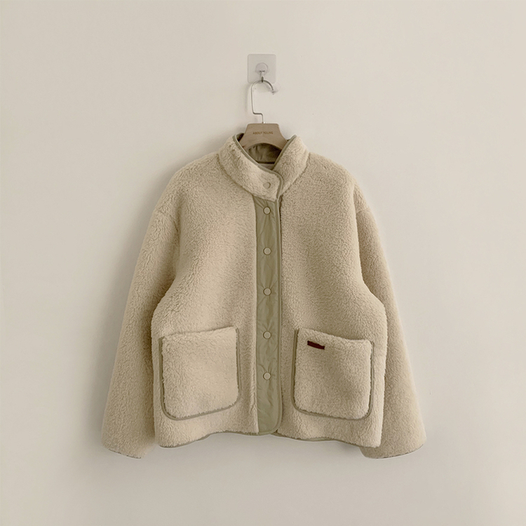 후끈후끈 도토리 양털 배색 겨울 긴팔 후리스 덤블 자켓 뽀글이 하이넥 플리스 점퍼 오버핏 데일리 아우터