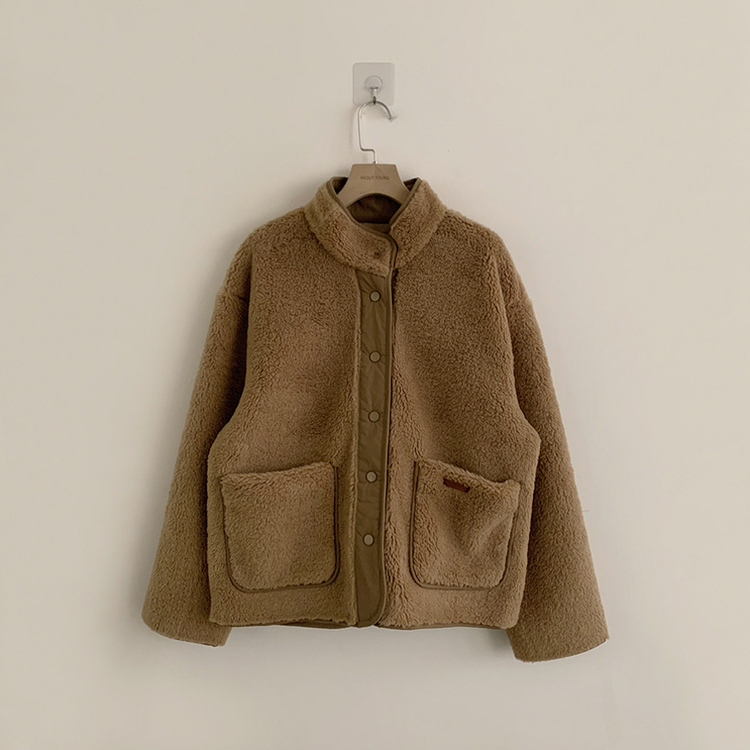 후끈후끈 도토리 양털 배색 겨울 긴팔 후리스 덤블 자켓 뽀글이 하이넥 플리스 점퍼 오버핏 데일리 아우터