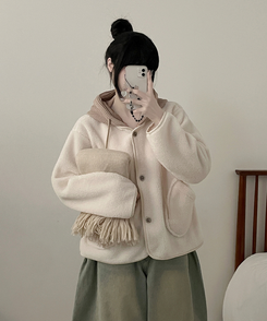 フードウールフリースポケットショートジャケット IVORY