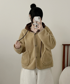 フードウールフリースポケットショートジャケット BEIGE