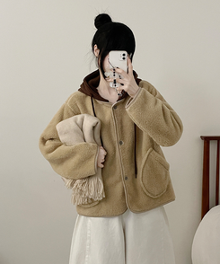 フードウールフリースポケットショートジャケット BEIGE