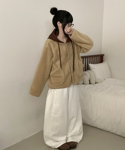 フードウールフリースポケットショートジャケット BEIGE