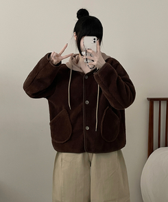 フードウールフリースポケットショートジャケット BROWN