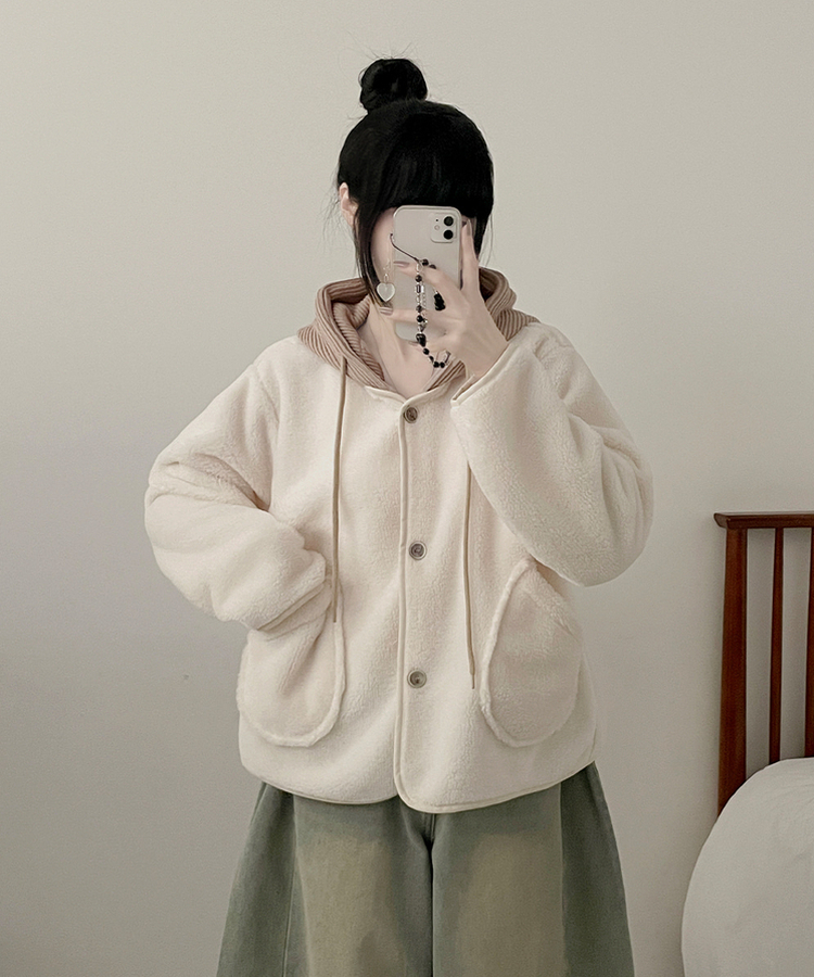 フードウールフリースポケットショートジャケット IVORY