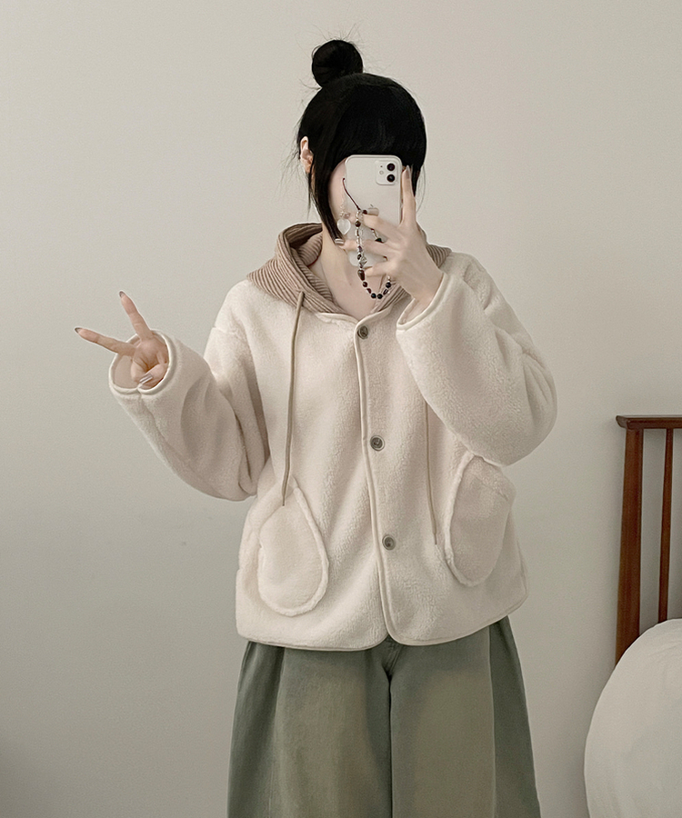 フードウールフリースポケットショートジャケット IVORY