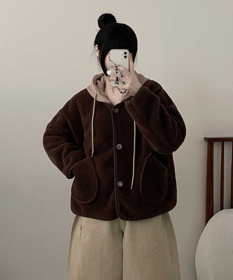 フードウールフリースポケットショートジャケット BROWN
