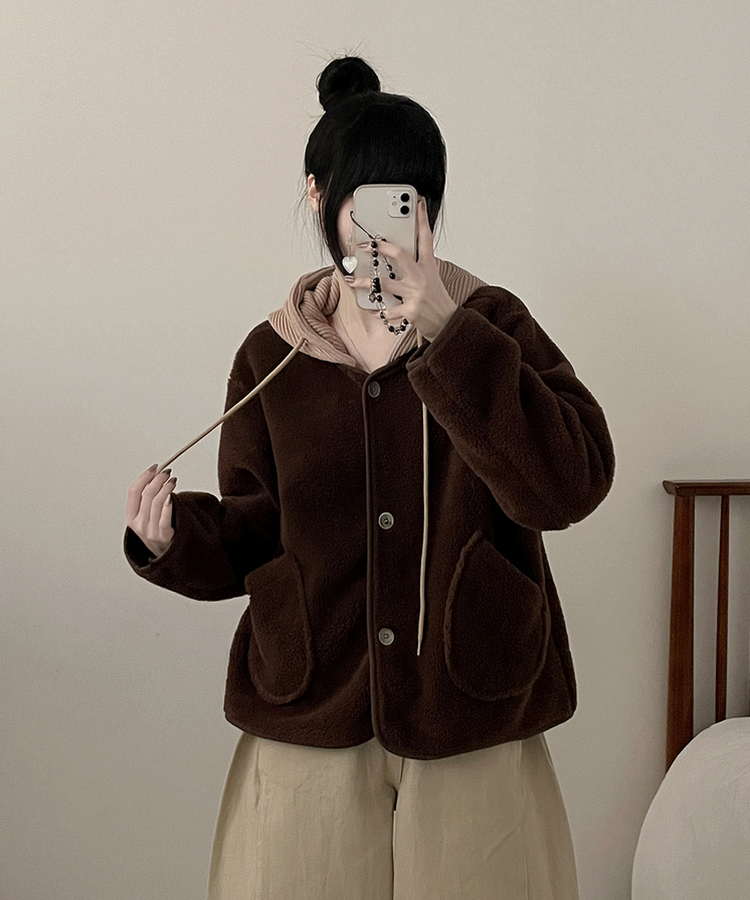 フードウールフリースポケットショートジャケット BROWN