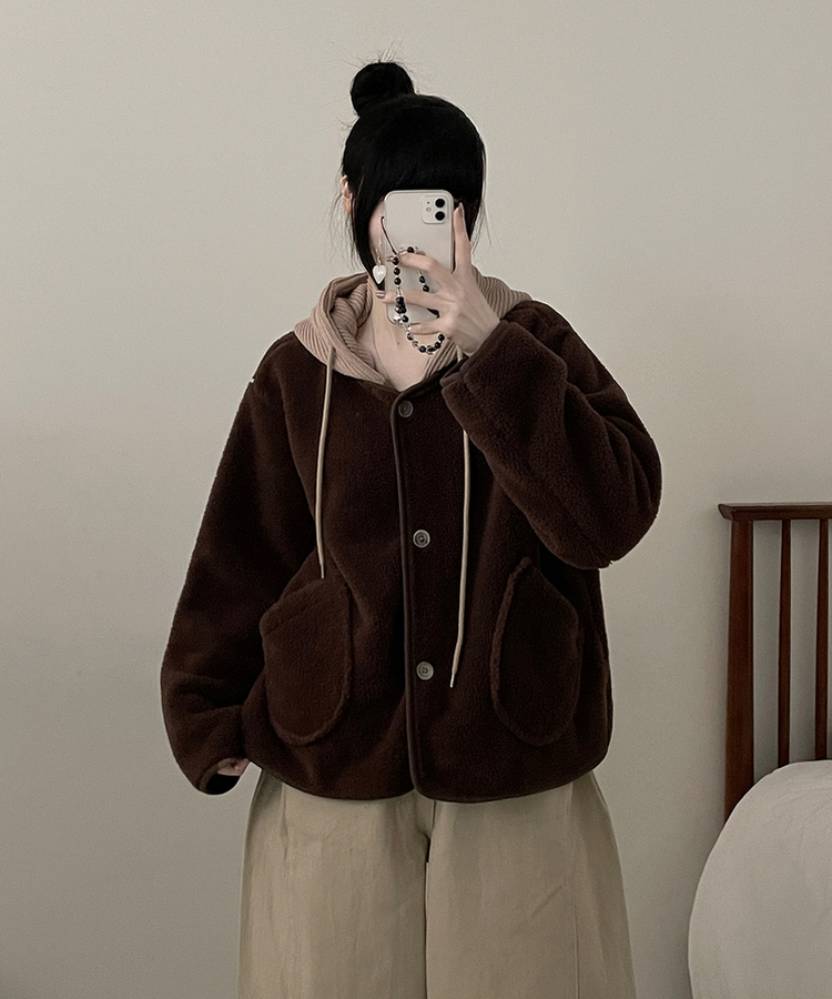 フードウールフリースポケットショートジャケット BROWN