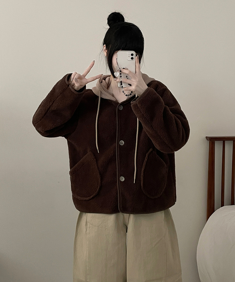フードウールフリースポケットショートジャケット BROWN