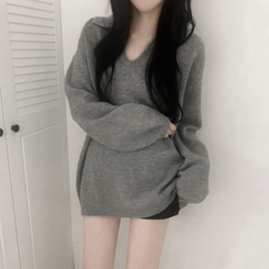 ウールVネックニットミニワンピース GREY