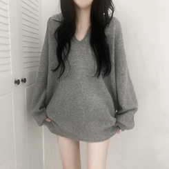 ウールVネックニットミニワンピース GREY