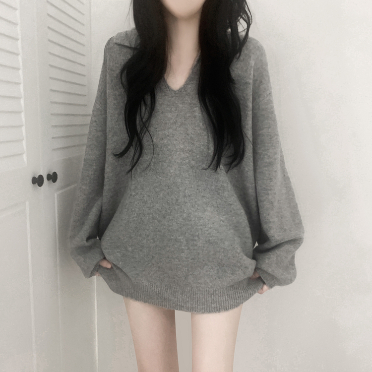 ウールVネックニットミニワンピース GREY