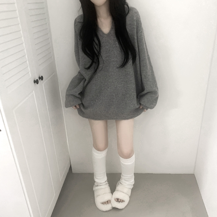 ウールVネックニットミニワンピース GREY