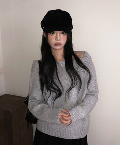 オフショルダーフラワービンテージニット GREY