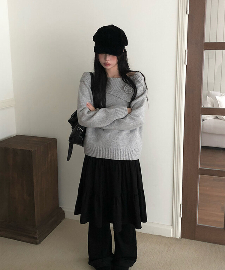 オフショルダーフラワービンテージニット GREY