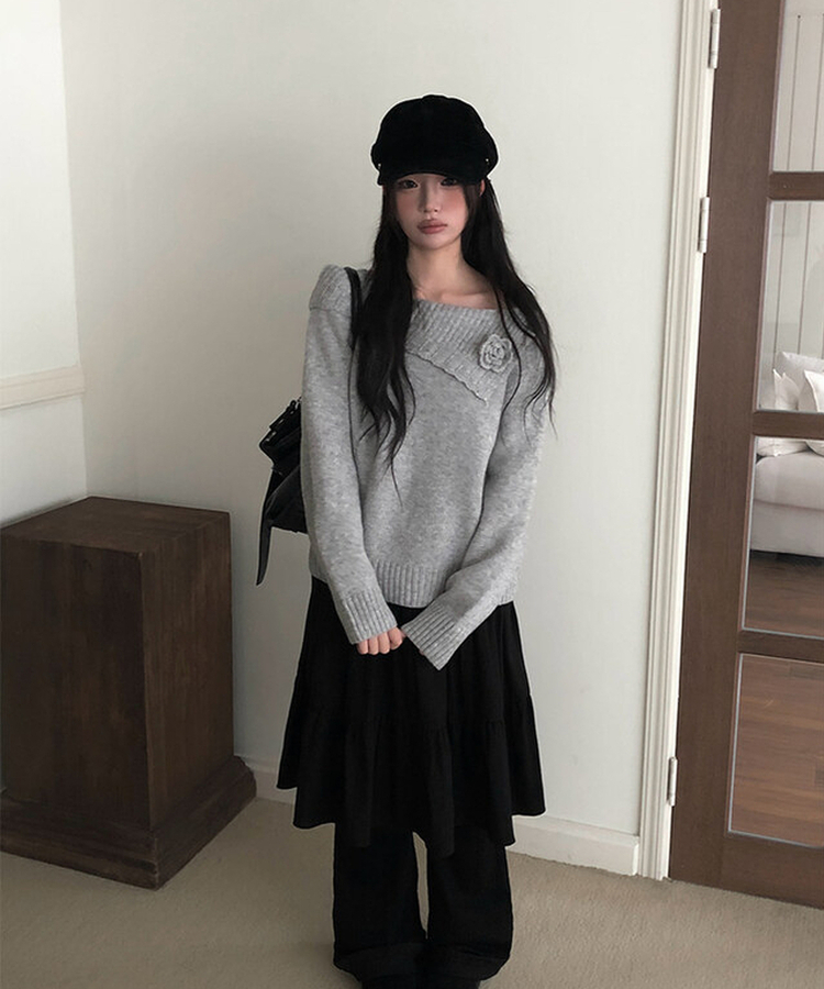 オフショルダーフラワービンテージニット GREY