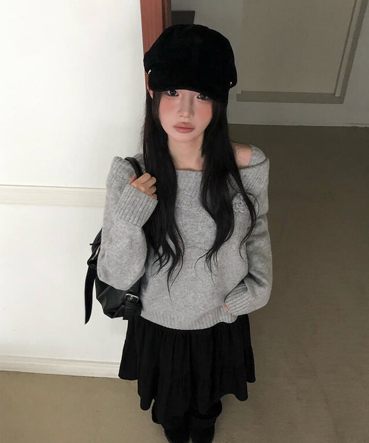 オフショルダーフラワービンテージニット GREY