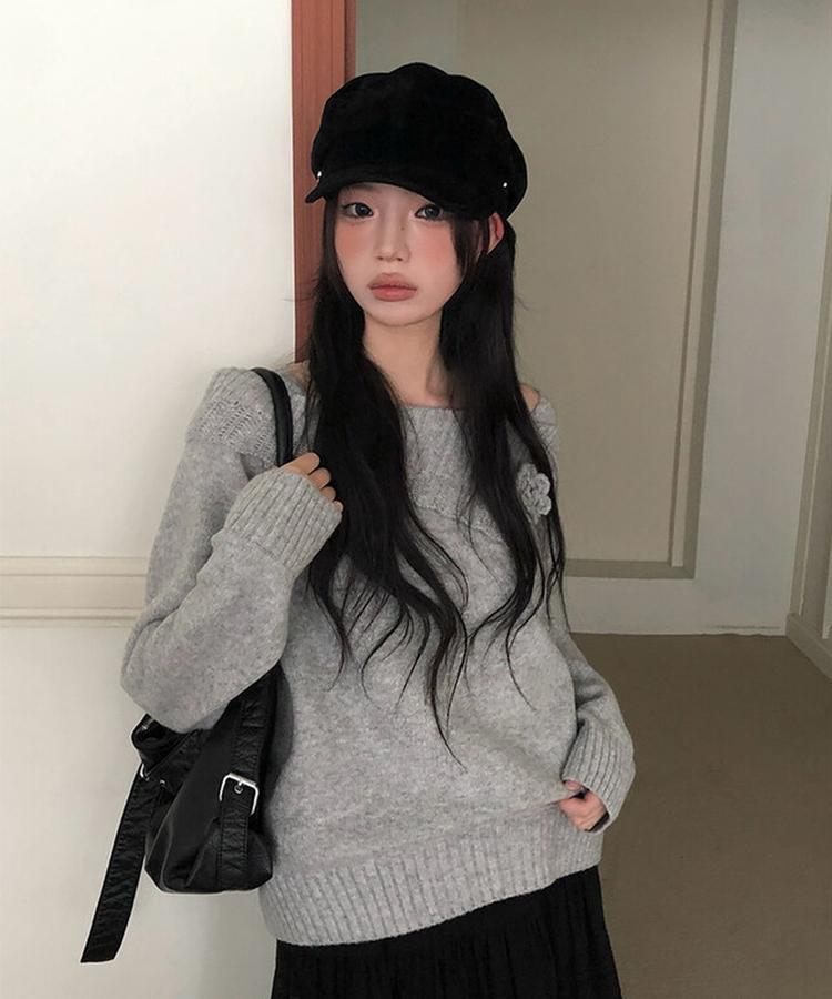オフショルダーフラワービンテージニット GREY