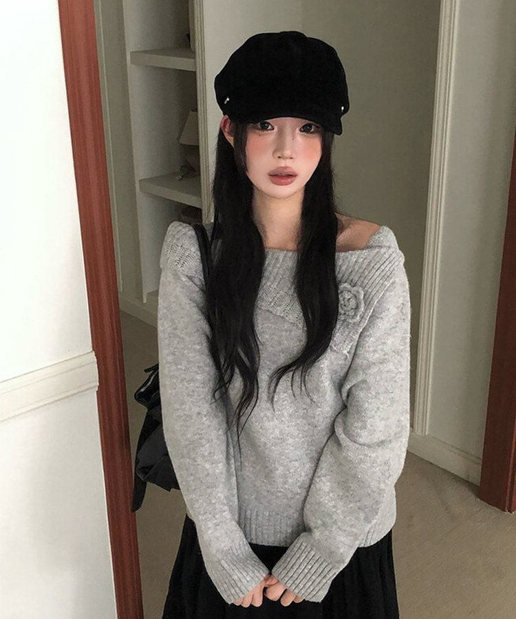 オフショルダーフラワービンテージニット GREY