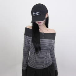 ストライプボタンTシャツ GREY