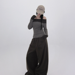 ストライプボタンTシャツ GREY